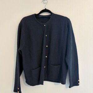 Vintage Karen Scott Wool Cardigan Sweater L Blue Gray Gold Buttons Knit
